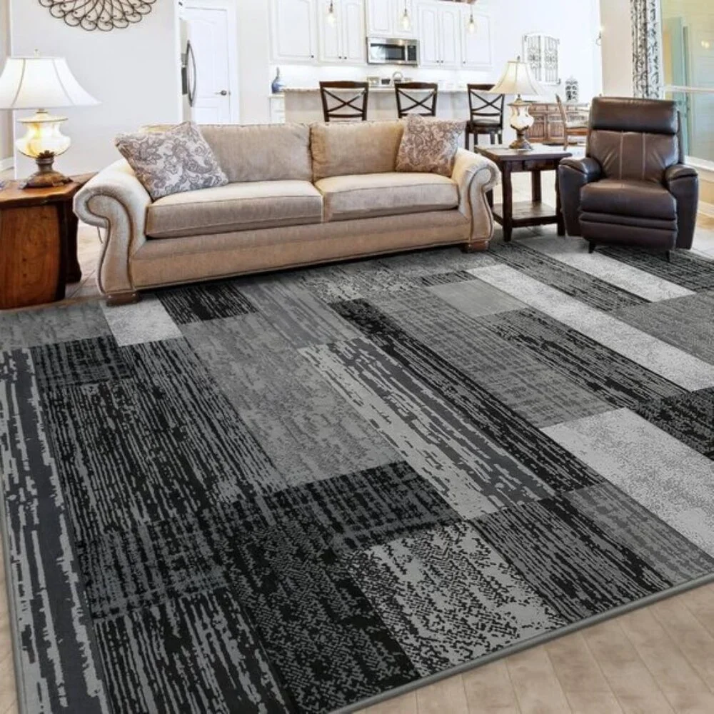 New 5x8 Grey Geometric Area Rug, Modern Patchwork Carpet for Home & Room Decor